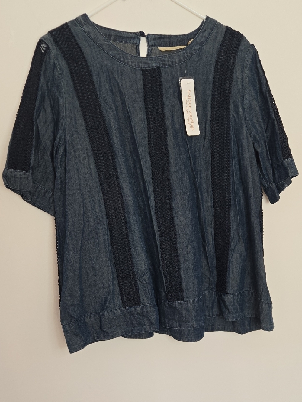 Soft Surroundings NWT Crochet Detail Flowy Denim Blouse Normcore Chic Large
